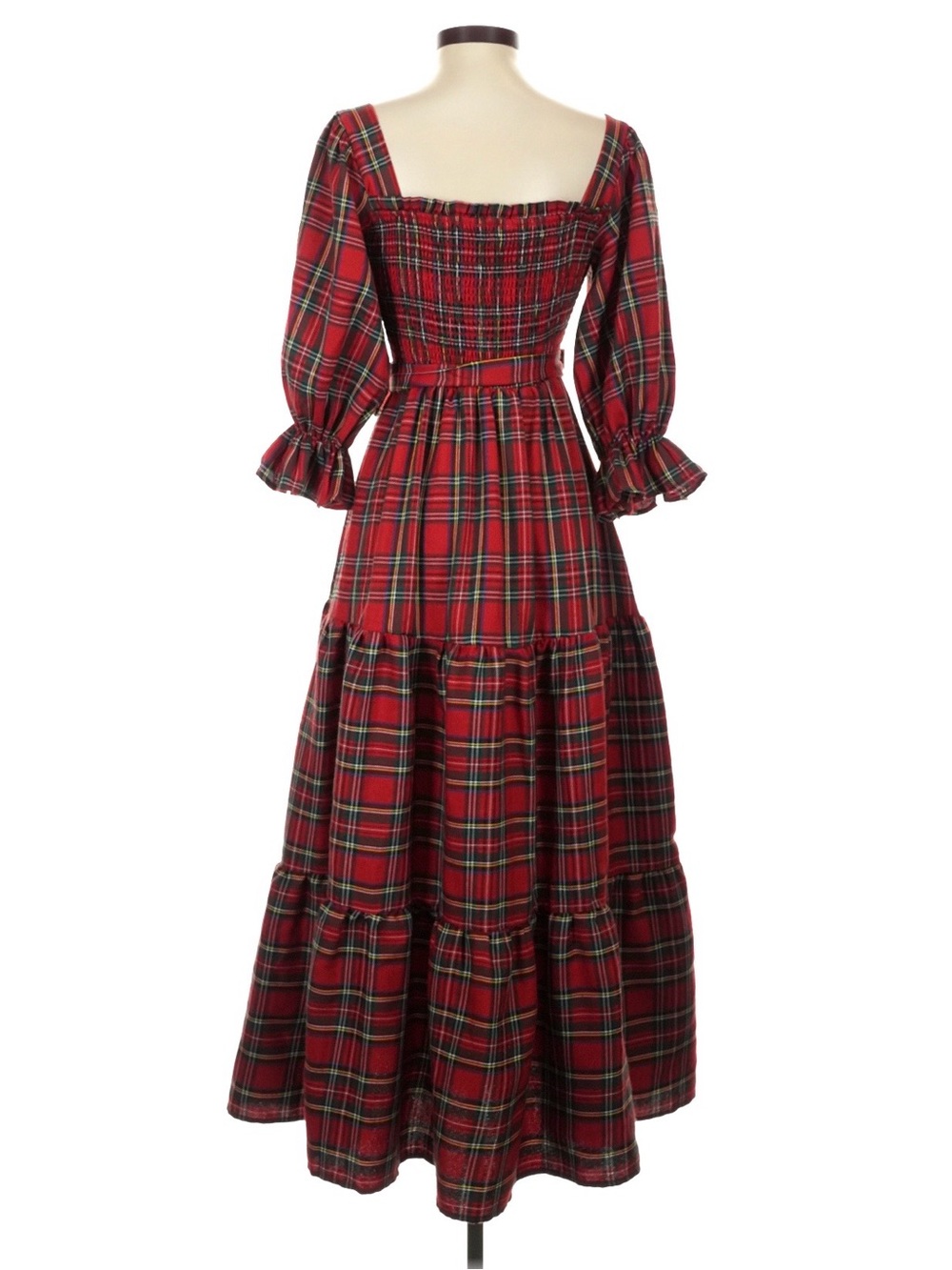 Aura | Red Plaid Puff Sleeve Christmas Holiday Maxi Dress with Tie Waist - Picture 5 of 7